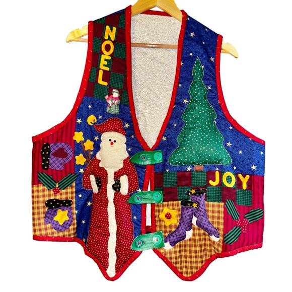 Vintage Handmade Christmas Vest Quilted 3D Unisex LG Folk Art Santa Snowman 1990 - Picture 1 of 6